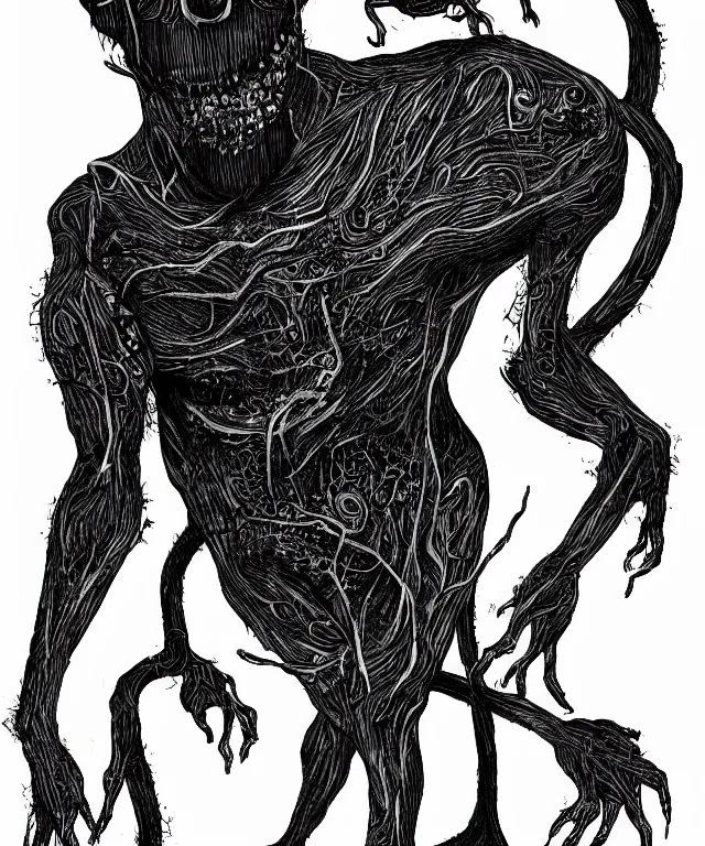 Image similar to black and white illustration, creative design, simple lines, body horror, monster