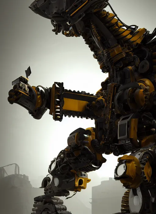 Image similar to a photorealistic dramatic hyperrealistic render of a futuristic exosuit power excavator heavy machinery, ultra realistic details, glossy yellow, well worn, rust, oil stains by vitaly bulgarov and mike nash, beautiful dramatic dark moody tones and lighting, cinematic atmosphere, studio lighting, global illumination, shadows, dark background, octane render, 8 k