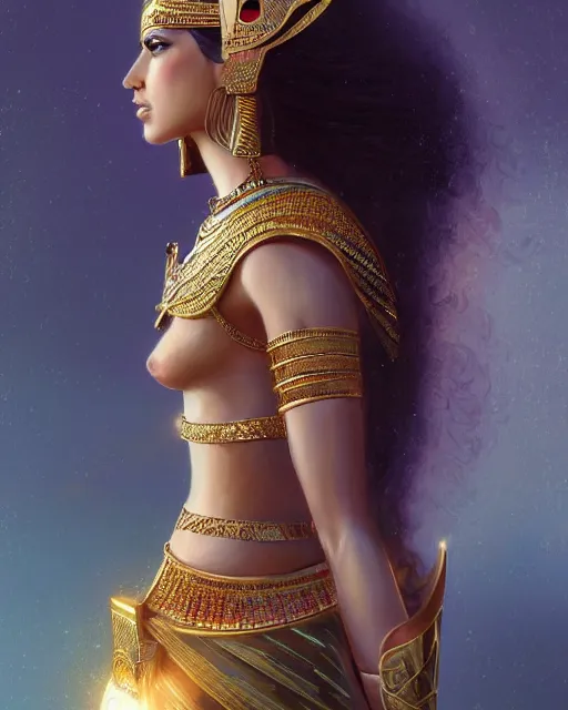 Image similar to Jessica Kahawaty as a beautiful egyptian princess, gorgeous, portrait, powerful, intricate, beautiful, masterpiece, elegant, volumetric lighting, back lighting, rimlight, dramatic lighting, digital painting, highly detailed, artstation, sharp focus, illustration, Artgerm, Jean-Léon Gérôme , ruan jia