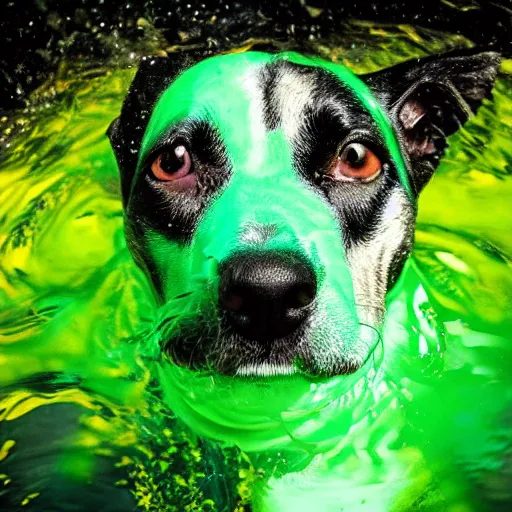 Image similar to dog swimming in green acid, 4k animal photography award-winning