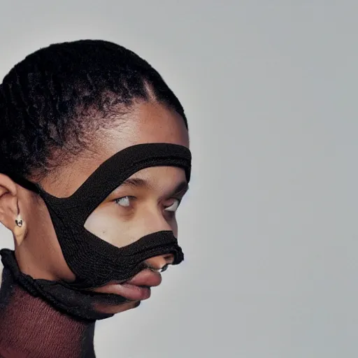 Image similar to realistic photoshooting for a new balenciaga lookbook, color film photography, portrait of a beautiful woman, model is wearing a balaclava mask, in style of tyler mitchell, 3 5 mm,