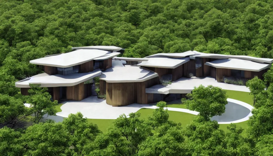 Image similar to modern house with trees in courtyard and big entrance, tibetan inspired architecture, on a green hill, frank lloyd wright, photorealistic, drone view