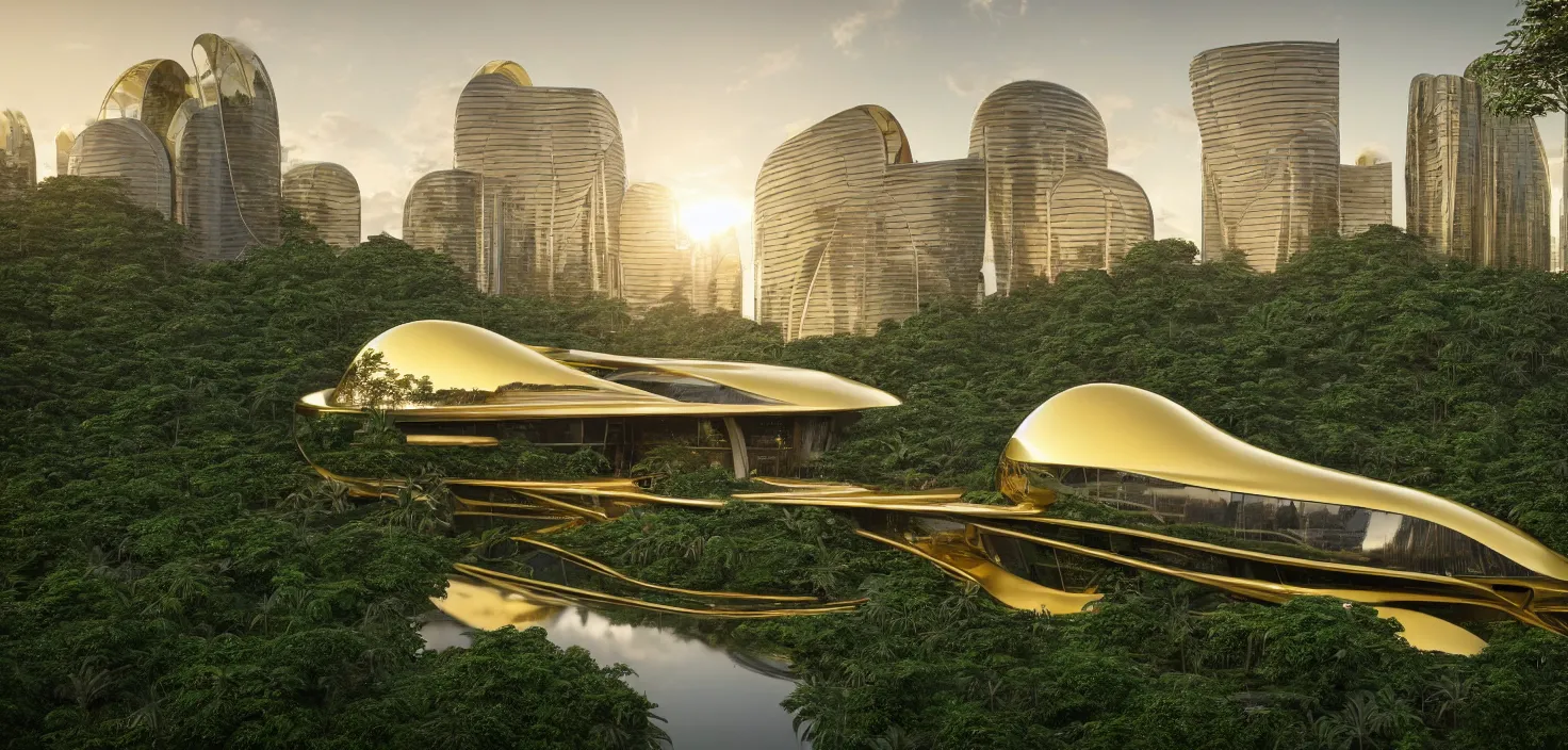 Image similar to futuristic shinny golden mirror building camouflaged in an jungle landscape of a solarpunk world by frank gerhy and oscar niemeyer, shinny golden roads and bridges designed by zaha hadid, movie poster, spiral golden ratio, at dusk lighting, evening lighting, reflections, film still, hyper realistic, octane render redshift arnold materials unreal engine, 8 k post production, hyper detailed