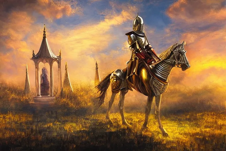 Image similar to knight, temple, fantasy, painting, ultra realistic!!!, clear weather, golden hour, sharp focus