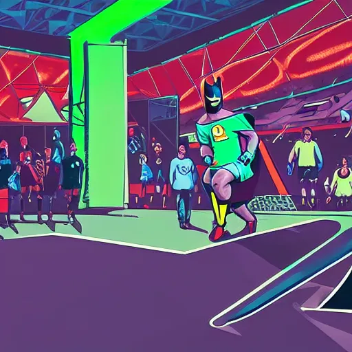 Image similar to batman playing soccer in a crowded space stadium with neon lighting hyperrealistic