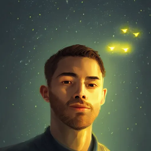 Image similar to man portrait surrounded by fireflies, artstation