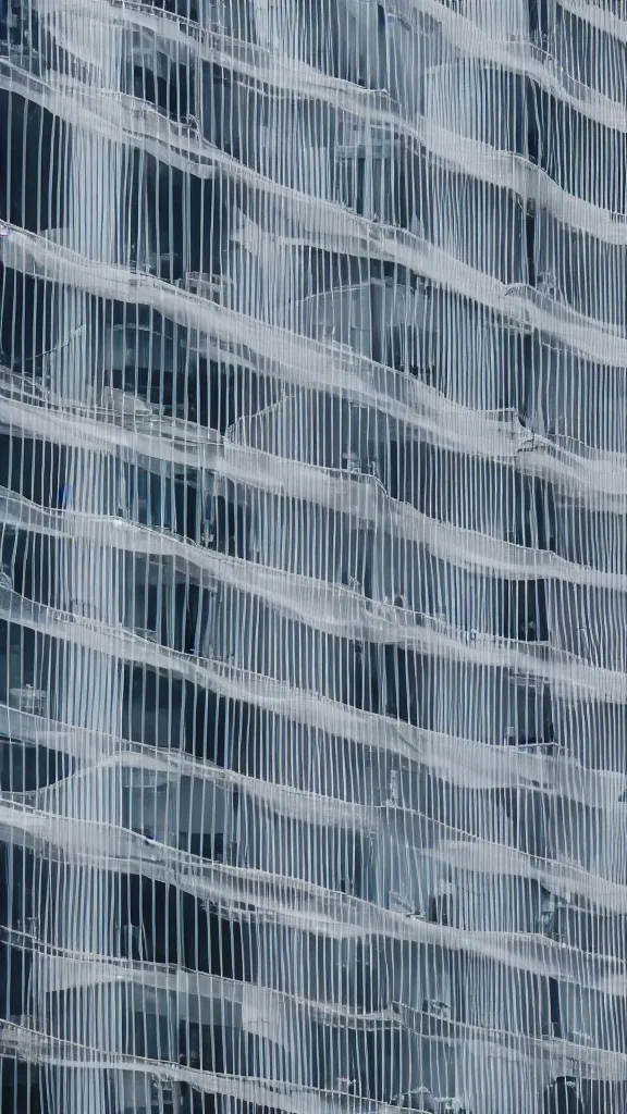 Prompt: hyperrealistic photo of a futuristic building in a urban setting. the building has many deep balconies with many thin columns and large windows. parts of the building are wrapped in billowing fabric. the fabric is translucent mesh. the fabric hangs from each balcony. sharp focus. 8 k