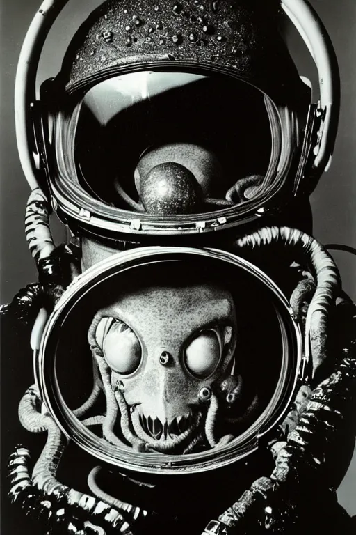 Image similar to extremely detailed studio portrait of space astronaut, alien tentacle protruding from eyes and mouth, slimy tentacle breaking through helmet visor, shattered visor, full body, soft light, disturbing, shocking realization, award winning photo by diane arbus