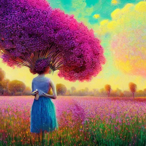 Prompt: large flower head, girl standing in a flower field, surreal photography, big trees, sunrise dramatic light, impressionist painting, colorful clouds, digital painting, pointillism, artstation, simon stalenhag