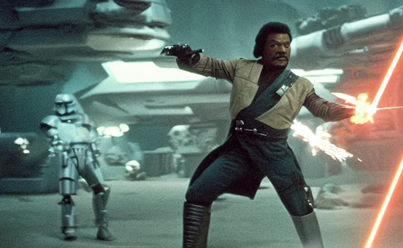 Prompt: still image screenshot portrait of lando calrissian badass action scene with laser explosions and sparks, from the tv show mandalorian on disney +, scene in front of a strange building, moody mining planet, at - at imperial walkers, invading beautiful lush kashyyyk, backlit sunset, anamorphic lens, 3 5 mm film kodak 1 9 8 0 s