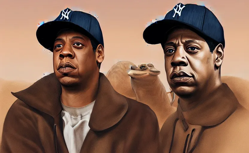 portrait of jay - z wearing a yankee baseball hat and