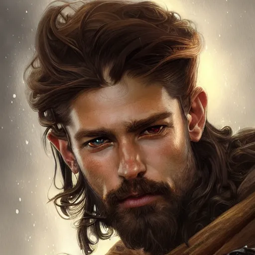 Image similar to Portrait of rugged male ranger, D&D, amber eyes, face, long hair, muscular, fantasy, intricate, elegant, highly detailed, digital painting, artstation, concept art, smooth, sharp focus, illustration, art by artgerm and greg rutkowski and alphonse mucha