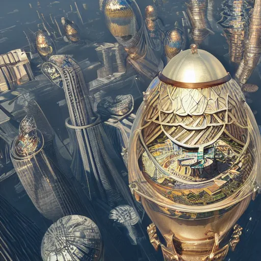 Image similar to enormous flying city in a gigantic faberge egg, sky, steampunk, flying islands, fantasy art, octane render