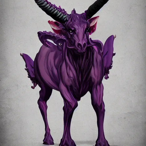 Prompt: a demonic creature that resembles a large, purple, horned centaur with an elongated skull and many sharp teeth by keita okada, trending on artstation.