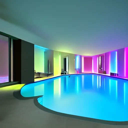 Image similar to philips hue led strip lighting, swiming pool, scene, colourful, 8 k, unreal engine, realistic, house and home, luxury,