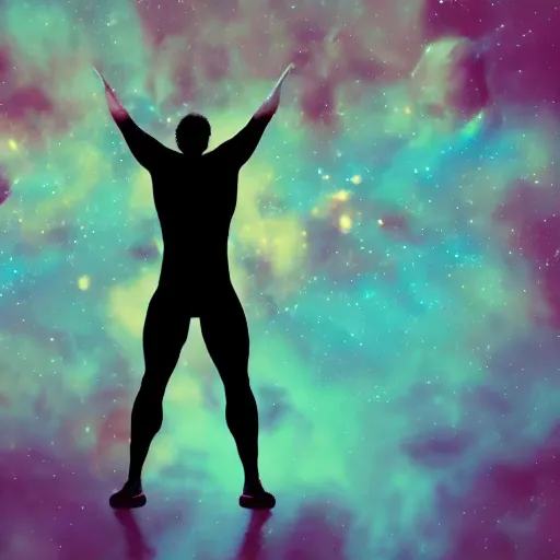 Prompt: wide shot of athletic man, inspiring pose, floating, silhouette, long shot, in a cosmic nebula background, matte colors, very very very dramatic, inspiring digital art trending on artstation