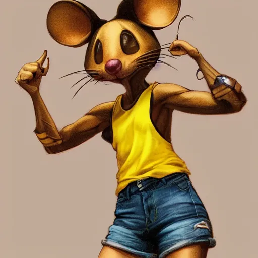 Image similar to anthropomorphic mouse wearing denim short shorts and yellow tank top, highly detailed, artgerm style, artstation, soft light, sharp focus, illustration, character design, concept art