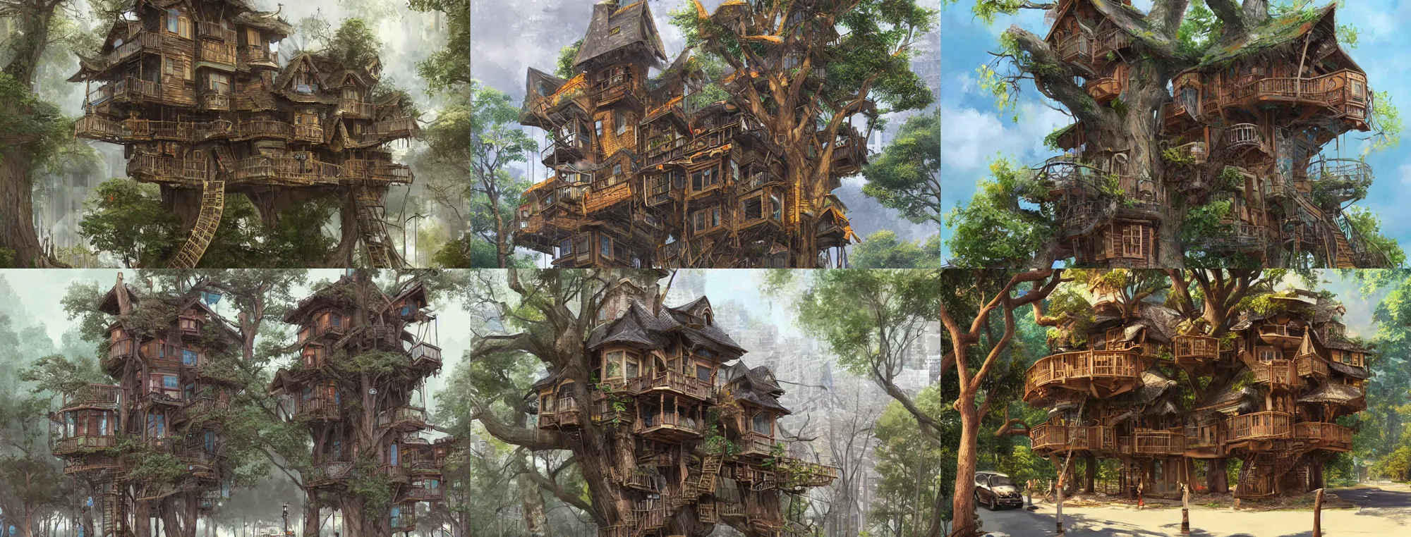 Prompt: street level view of a treehouse on a city block, highly detailed digital art, artstation, by feng zhu