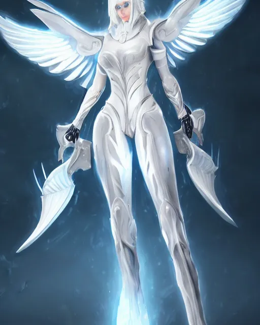 Image similar to perfect white haired attractive egyptian goddess with huge white dove wings, warframe armor, beautiful, symmetric, dreamy, half asian, pretty face, blue eyes, detailed, scifi platform, laboratory, experiment, 4 k, ultra realistic, epic lighting, android body, illuminated, cinematic, masterpiece, art by akihito tsukushi, voidstar