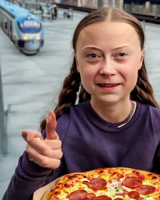 Image similar to film still close - up shot of greta thunberg giving a speech in a train station eating pizza, smiling, the sun is shining. newspapers falling from sky photographic, photography