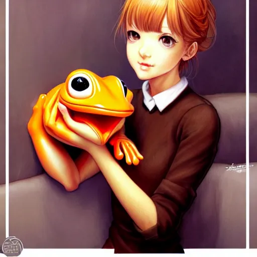 Image similar to a French girl in a café with a giant orange frog. insanely and epically detailed supreme-quality color ink pen artwork, amazingly composed image, illustrated by Range Murata and Artgerm.