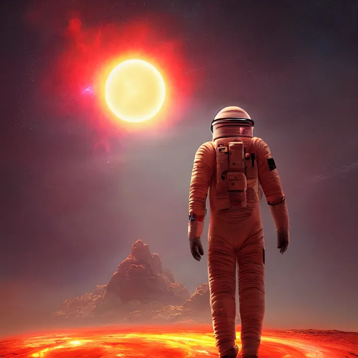 Image similar to a astronaut walking on a alien planet with a red giant galaxy appearing in the sky, digital art, concept art, trending on DeviantArt, highly detailed, high quality, 8K HDR, cinematic lighting, breathtaking image