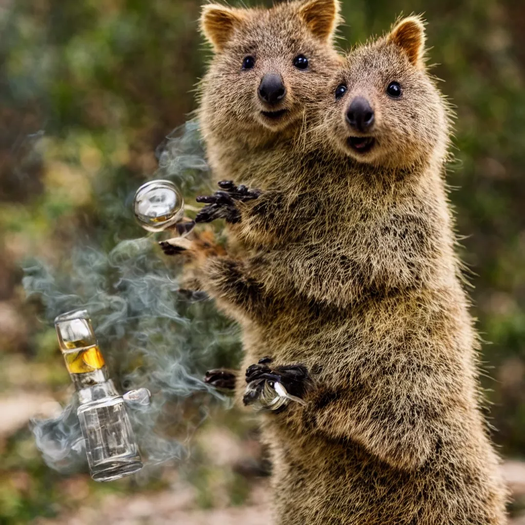 Prompt: happy quokka taking a smoking a bong and eating candy, golden hour, ultra realistic
