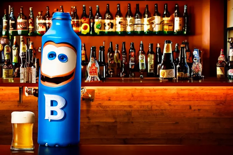 Image similar to a anthropomorphic bottle of beer stands in front of a bar waiting to be served by the bartender, pixar