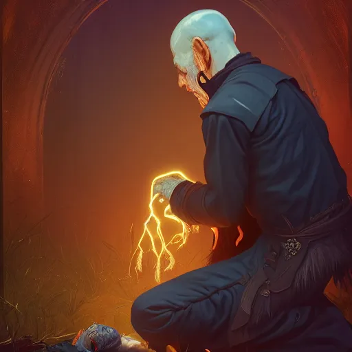 Image similar to an old necromancer kneeling down and sobbing trying to resurrect his dead friend, artstation, Grim fantasy,emotional, EOS R5, f/2.5 , illustration , concept art, award winning photograph, 8k, Alphonse Mucha style,