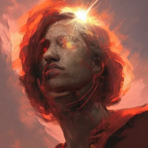 Prompt: golden rays of the glorious sunshine setting down such a blood - red light, colourised, face portrait, epic, tragic, military art, fantasy, dieselpunk, hd shot, digital portrait, beautiful, artstation, comic style, by artgerm, guy denning, jakub rozalski, magali villeneuve and charlie bowater