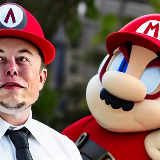 Prompt: Elon Musk dressed as Mario at a bussines meeting with Twitter board