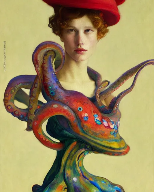 Image similar to a beautiful girl wearing a colourful octopus as a hat, painted by edgar maxence, edward hopper, wayne barlowe and james gilleard, airbrush, art by jamesjean