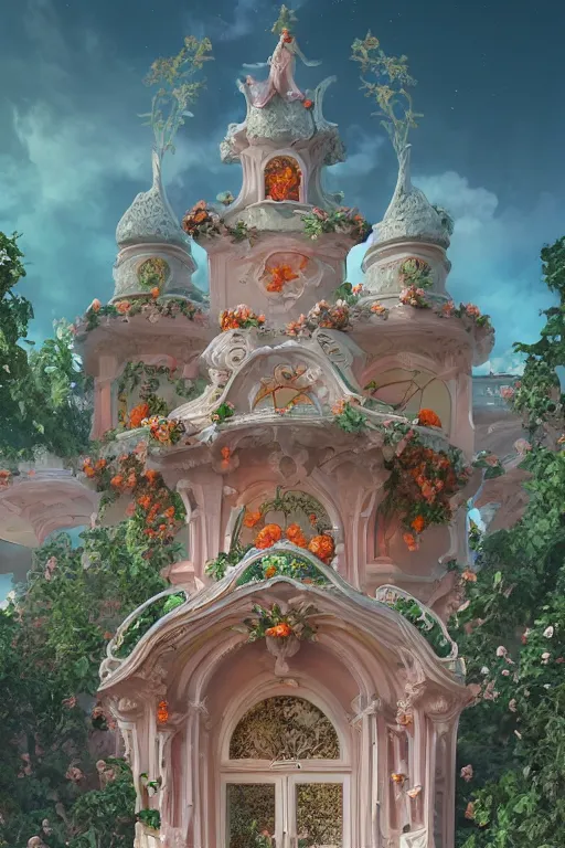 Image similar to The front of the white Rococo-style castle is full of roses, Art Nouveau Cosmic 4k Detailed Matte Illustration featured on Getty Images ,CGSociety, Jade and Carrot orange color scheme, Pastiche by Marc Simonetti, Pastiche by Cedric Peyravernay