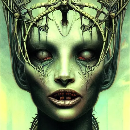 Image similar to a portrait of a beautiful biomechanical queen of the damned, sci-fi concept art by giger and beksinski and szukalski and wlop and pete mohrbacher, digital art, highly detailed, intricate, horror, sharp focus, Trending on Artstation HQ, deviantart, unreal engine 5, 4K UHD image