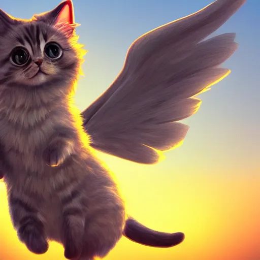 Image similar to a photograph of cute cat with wings flying towards the sunset, highly detailed, symmetric, artstation, precise, photorealistic, impressionism style