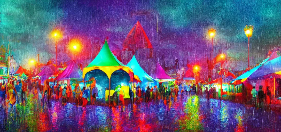 Prompt: Look of Small outdoor carnival, rain, night, colorful tents, digital art, 8k, many details