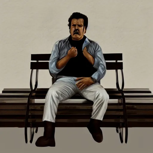 Prompt: pensive pablo escobar seating on a bench waiting, digital painting, artstation, concept art, sharp focus, illustration, portrait