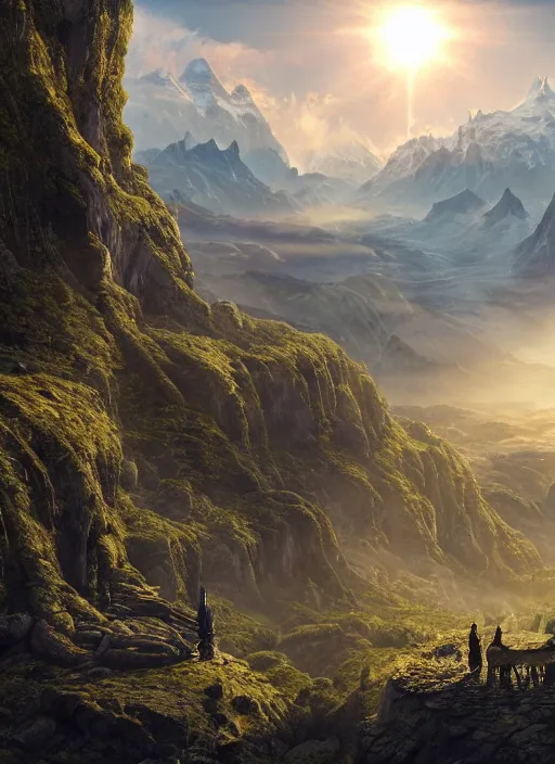 Image similar to a cosmic monk in lord of the rings scenery landscape, looking out at a gigantic alien temple, lush valley, sunrise, god's rays, highly detailed, vivid color, cinematic lighting, perfect composition, 8 k, gustave dore, derek zabrocki, greg rutkowski, belsinski, octane render