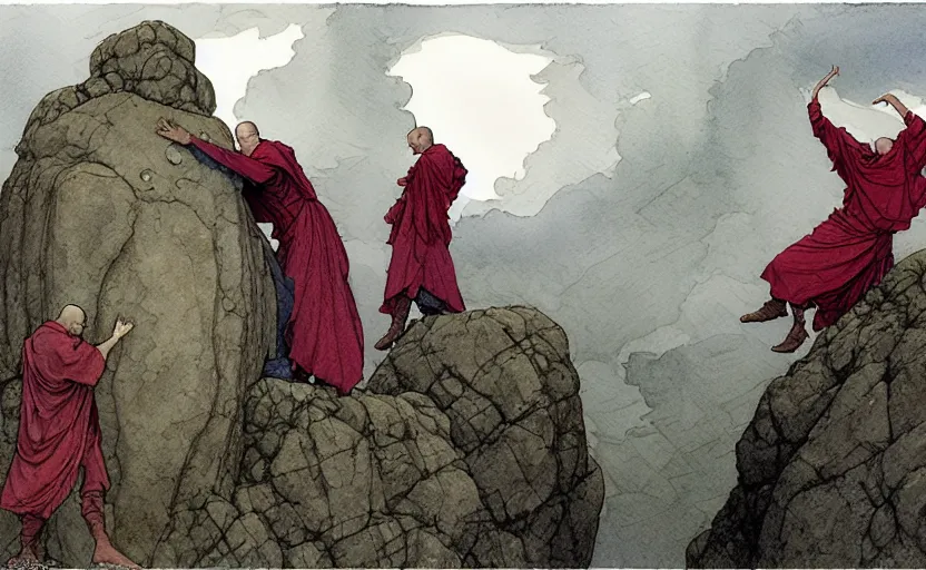 Image similar to a hyperrealist watercolour concept art of a group of grey monks levitating a huge rock in the air over their head. it is a misty night on the moors of ireland. by rebecca guay, michael kaluta, charles vess and jean moebius giraud. high detail, hq, wide shot