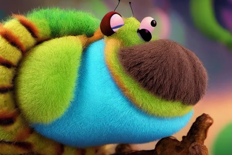 Image similar to disney pixar's a bug's life, cgi caterpillar colorful, furry caterpillar