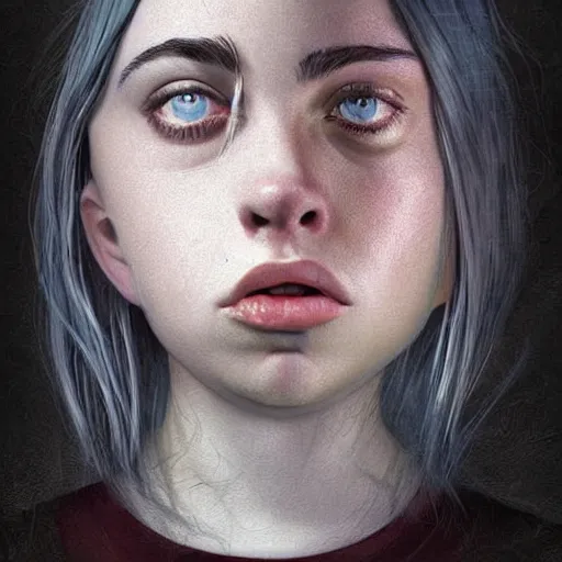 Image similar to cartoon painting of billie eilish with a big forehead by michal karcz