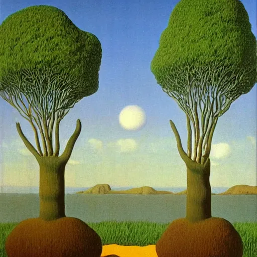 Image similar to painting of a lush natural scene on an alien planet by rene magritte. beautiful landscape. weird vegetation. cliffs and water.