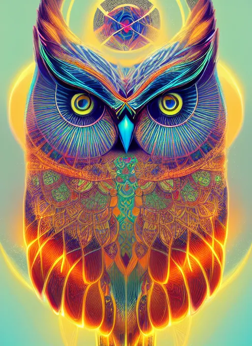 Image similar to symmetry!! product render poster vivid colors divine proportion owl, 神 圣, glowing fog intricate, elegant, highly detailed, digital painting, artstation, concept art, smooth, sharp focus, illustration,