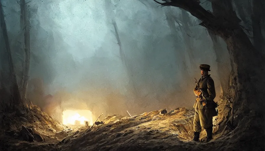 Image similar to beautiful painting of a soldier in a trench waiting for the war to end. cinematic lighting by greg rutkowski,