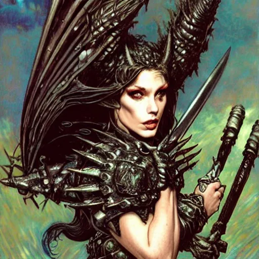 Image similar to head and shoulders portrait of an armored erinyes devil with bat wings, d & d, fantasy, luis royo, magali villeneuve, donato giancola, wlop, krenz cushart, hans zatka, klimt, alphonse mucha