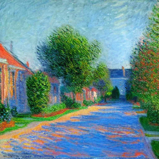 Prompt: suburban street painted in the style of Claude Monet