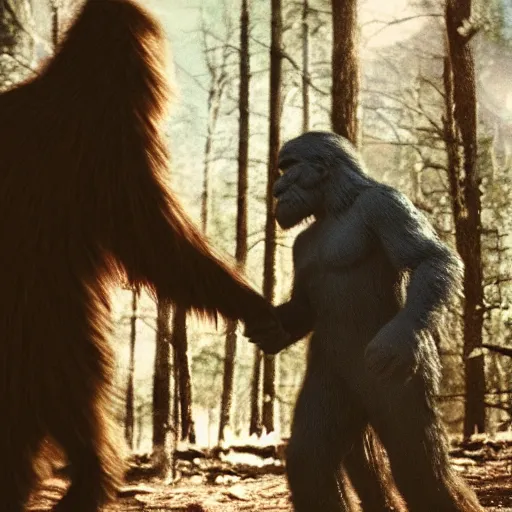 Image similar to blurry photograph of bigfoot shaking hands with an extraterrestrial