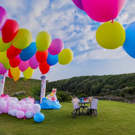 Prompt: photo of bretagne with giant birthday balloons