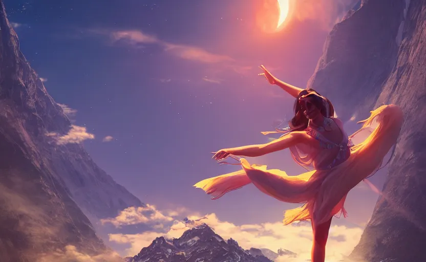 Image similar to Himalayan woman dancing on water, tropical sci fi fashion, sunset, dramatic angle, dynamic pose, 8k hdr pixiv dslr photo by Makoto Shinkai ilya kuvshinov and Wojtek Fus