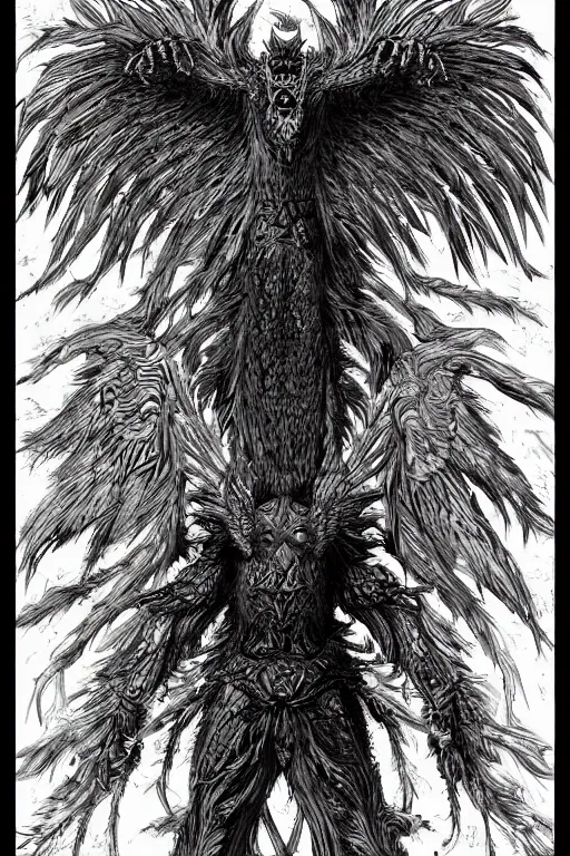 Prompt: raven monster, symmetrical, highly detailed, digital art, sharp focus, trending on art station, kentaro miura manga art style